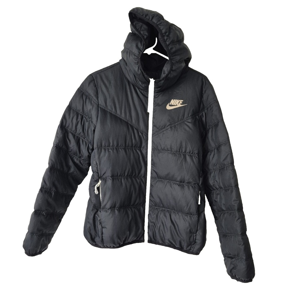 Nike Puffer Jacket Womens‎ Medium Black Hooded Down Full Zip Winter Coat Logo